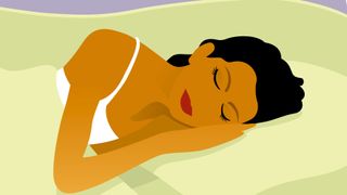 An illustration of a woman with dark hair sleeping on a light green pillow