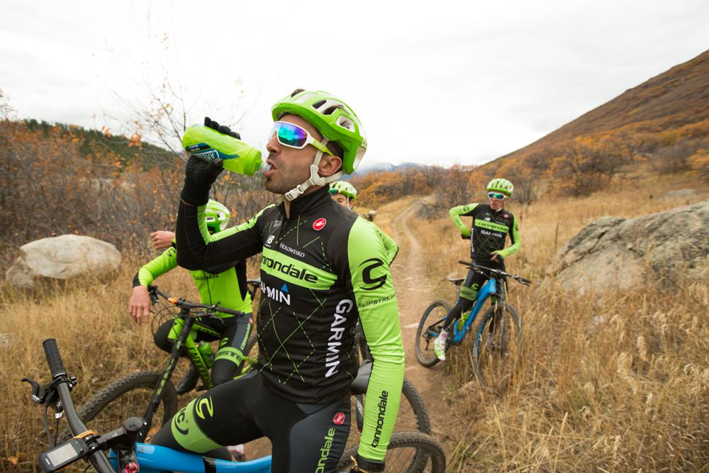 A quick rest and a drink for the riders on the mountain bike ride