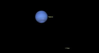 A pale blue Neptune hangs above center left. A very small point below to the right is labeled Triton.