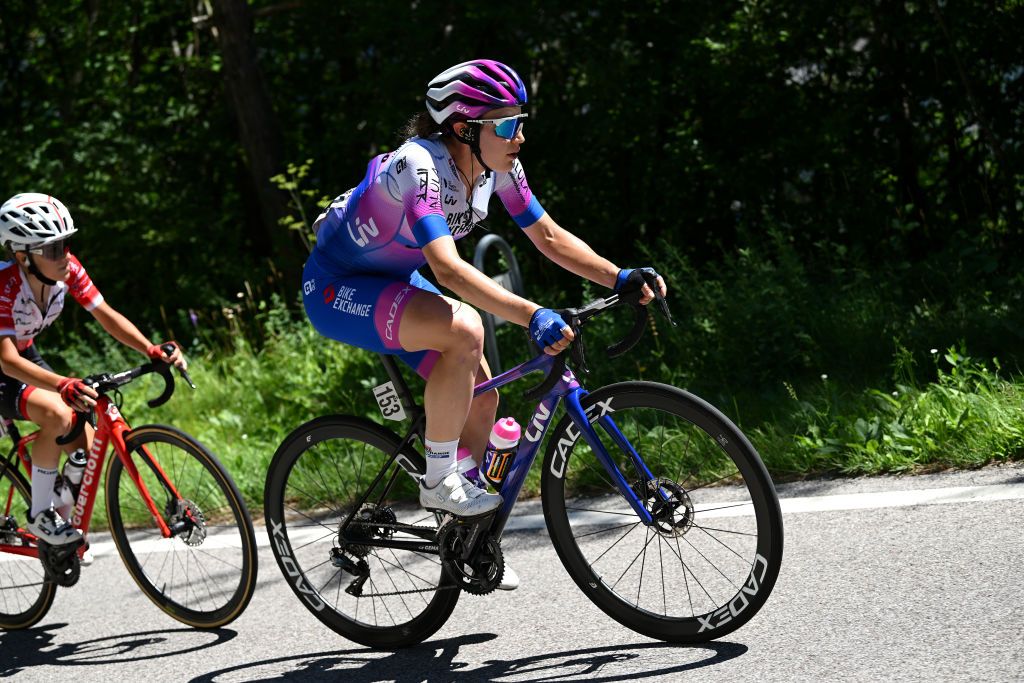 SAN LORENZO DORSINO ITALY JULY 09 Kristen Faulkner of United States and Team BikeExchange Jayco competes in the breakaway during the 33rd Giro dItalia Donne 2022 Stage 9 a 1128km stage from San Michele AllAdige to San Lorenzo Dorsino 727m GiroDonne UCIWWT on July 09 2022 in San Lorenzo Dorsino Italy Photo by Dario BelingheriGetty Images