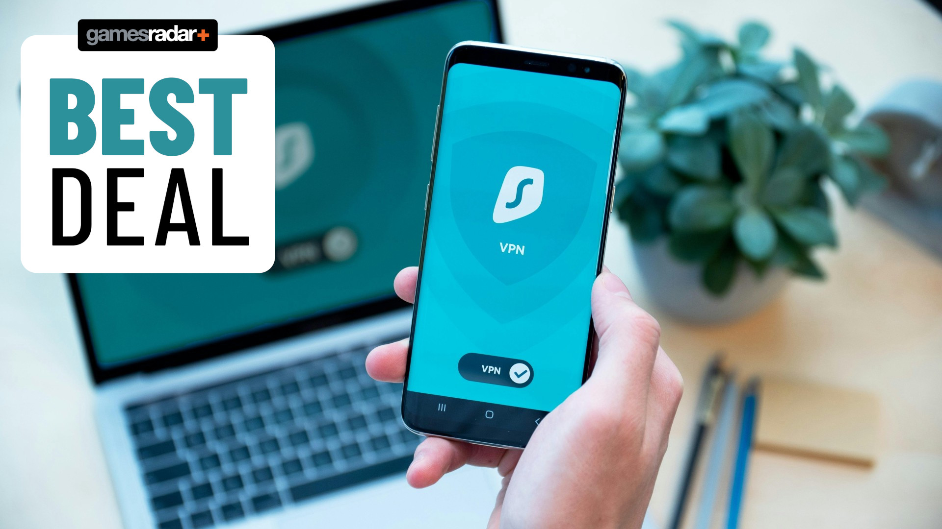 Surfshark VPN being used on a smartphone and laptop with GamesRadar+ best deal badge