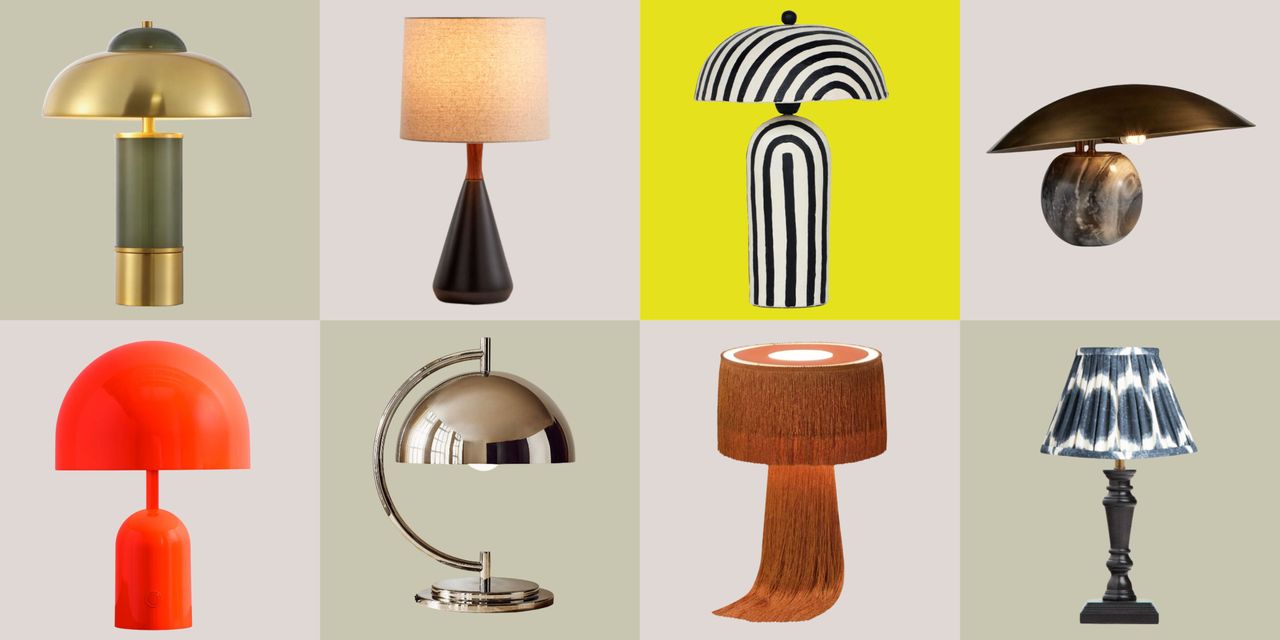 a collection of table lamps on a colorful background