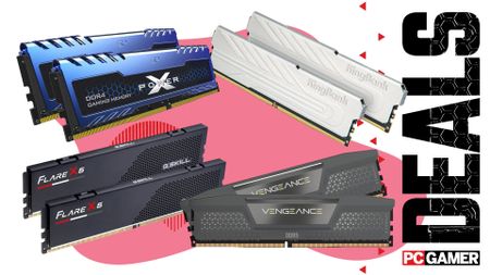 A collage of dual channel memory kits against a colorful background, with the phrase 'Deals' on the right side, above a PC Gamer logo