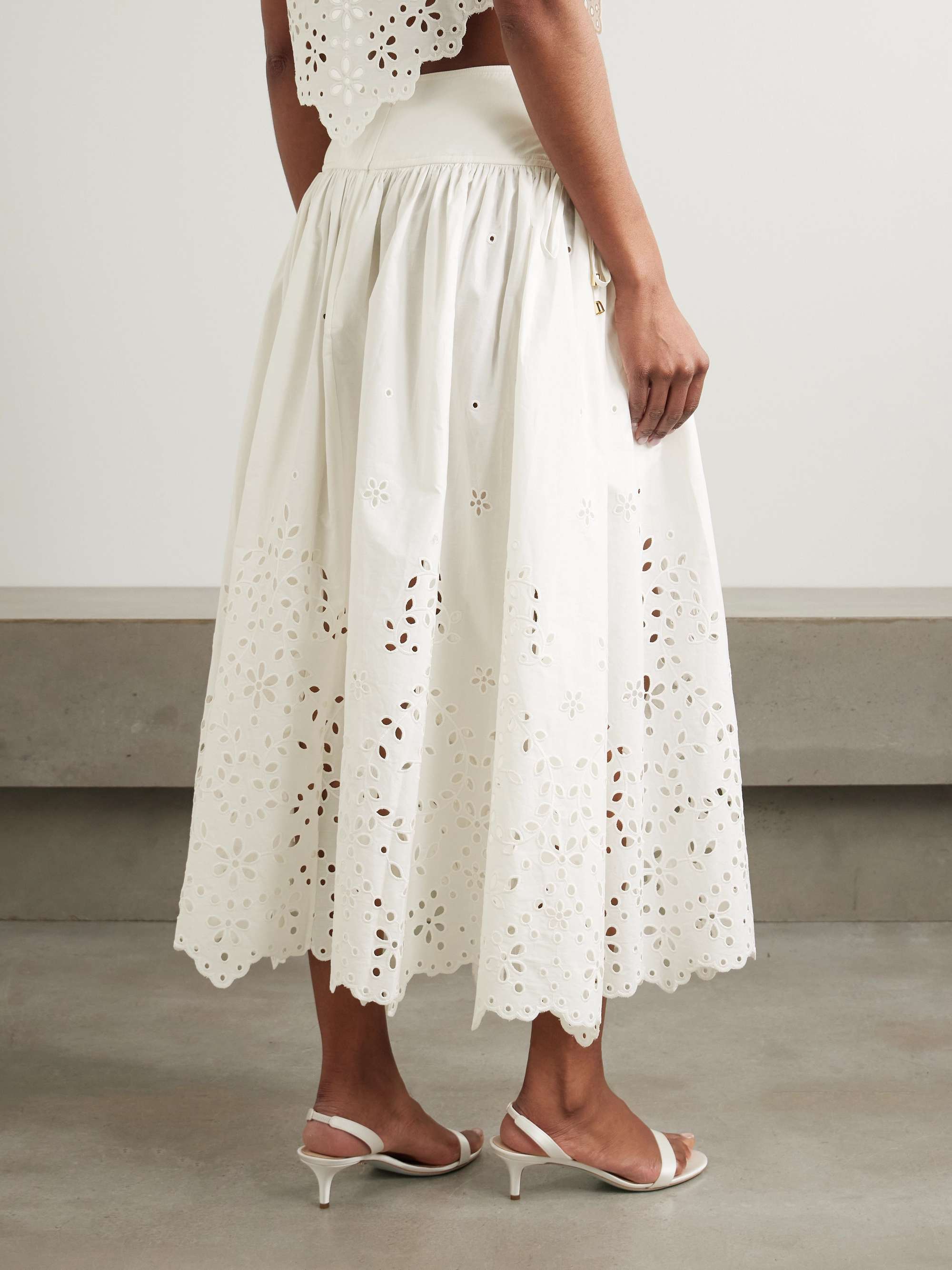 Embellished Tie-Detailed Broderie Anglaise Cotton Midi Skirt