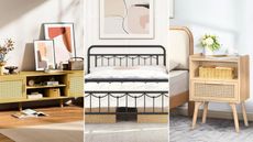 Amazon Prime Day furniture deals are worth scooping up. Here are three on sale - a wooden TV stand with art prints and vases on top, a metal bed frame with white sheets, and a light wooden nightstand in a light gray bedroom