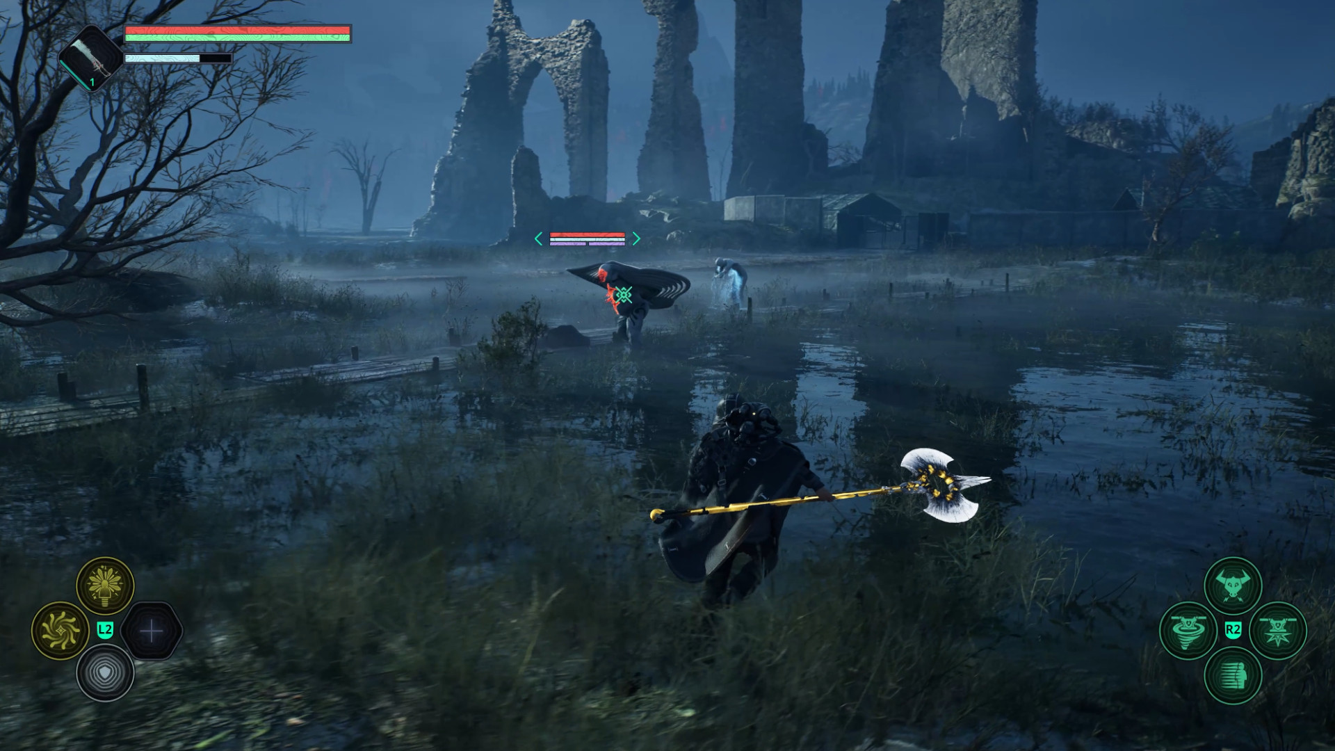 Remi wields a large polearm as he approaches bulky Hollow Walker in a swamp in Hell is Us