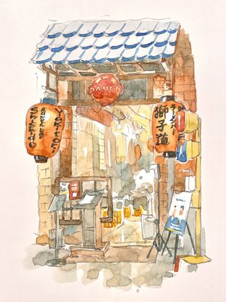 Artist sketchbook tips; watercolour art of a Chinese store