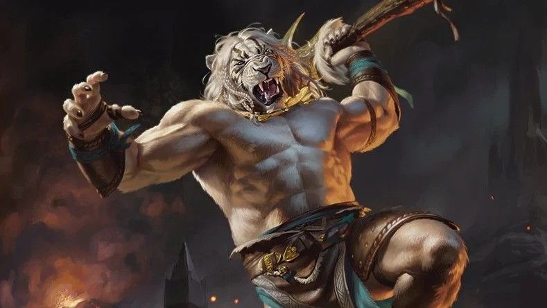 Ajani roaring and jumping to attack