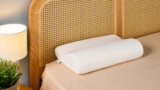 A white curved pillows on the bed against a rattan headboard with lit side lamp and a potted plant on the side