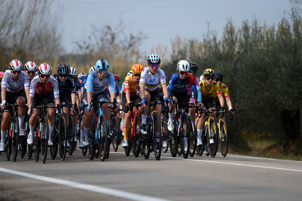 SAGUNT SPAIN FEBRUARY 16 LR Josie Talbot of Australia Morgane Coston of France and Cofidis Women Team Lisa Klein of Germany and Team Trek Segafredo Annemiek Van Vleuten of The Netherlands and Movistar Team and Emilia Fahlin of Sweden and Team FDJ SUEZ lead the peloton during the 7th Setmana Ciclista Volta Comunitat Valenciana Femines 2023 Stage 1 a 119km stage from Valencia to Sagunt on February 16 2023 in Sagunt Spain Photo by Alex BroadwayGetty Images