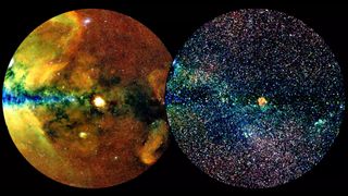 The sky section of the eROSITA All-Sky Survey catalog in two different representations. The left image shows extended X-ray emission, while the right image shows point-like X-ray sources.