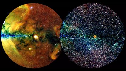 The sky section of the eROSITA All-Sky Survey catalog in two different representations. The left image shows extended X-ray emission, while the right image shows point-like X-ray sources.