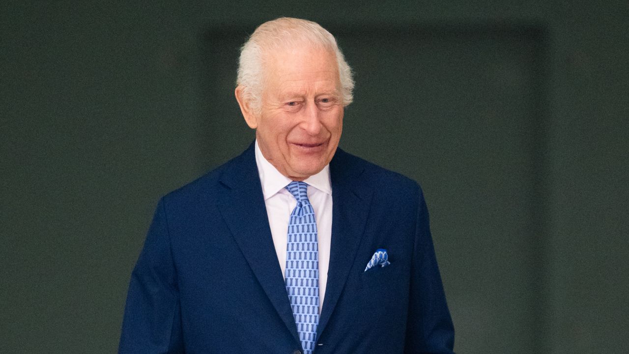 King Charles wearing a blue suit and light blue tie standing in front of a green background