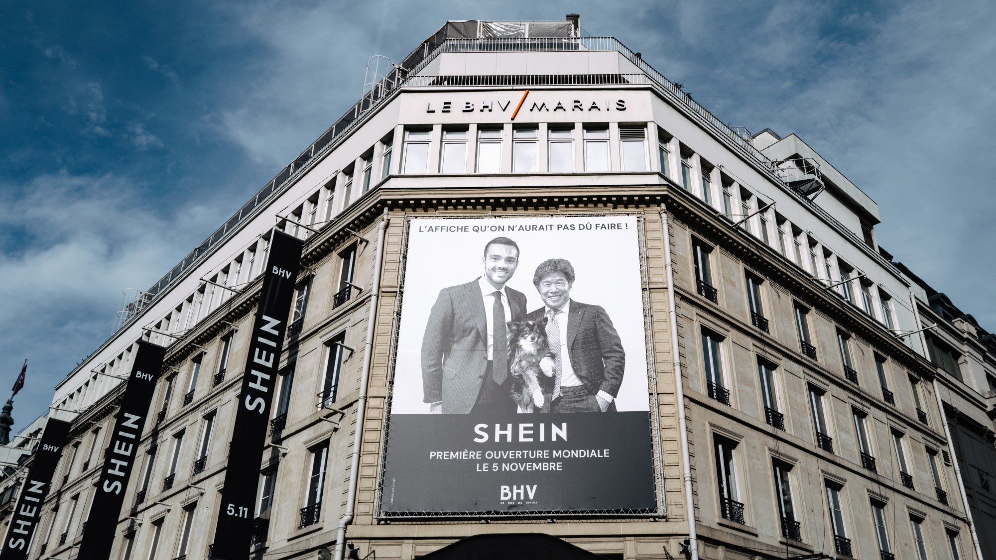 large banners and promotional visuals on the Shein store opening in Paris
