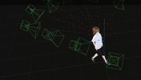 A virtual representation of a motion capture rig tracking the movements of a 3D, anime-style avatar.