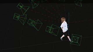 A virtual representation of a motion capture rig tracking the movements of a 3D, anime-style avatar.