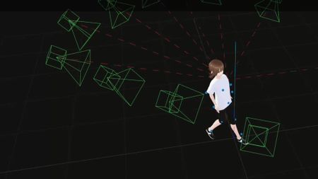 A virtual representation of a motion capture rig tracking the movements of a 3D, anime-style avatar.