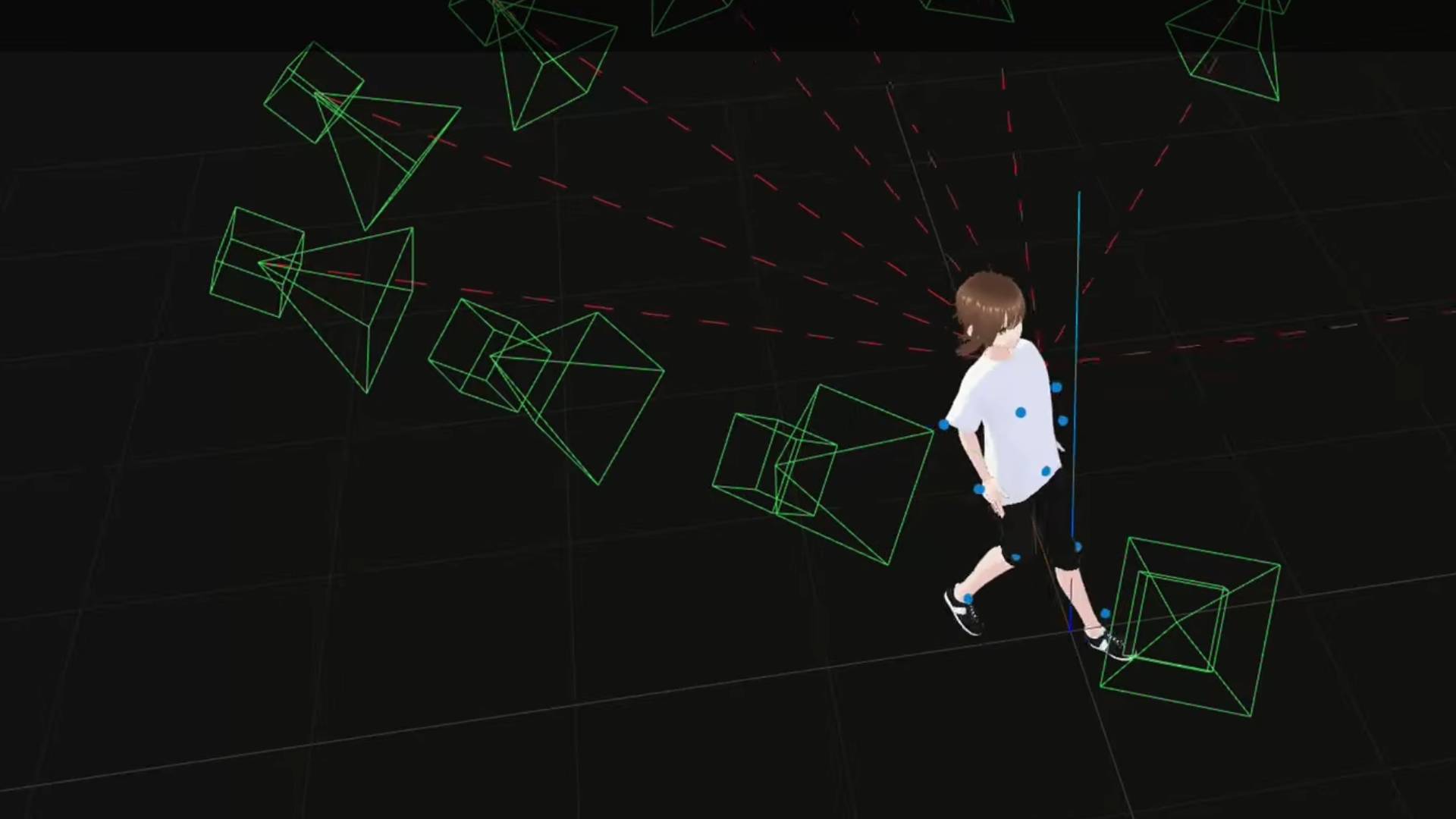 A virtual representation of a motion capture rig tracking the movements of a 3D, anime-style avatar.