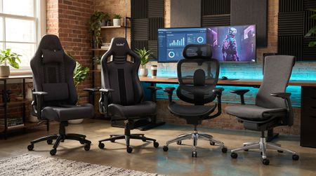 A collection of hybrid gaming and office chairs in a home office space