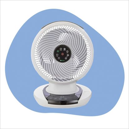 Meaco fan on a white and blue background