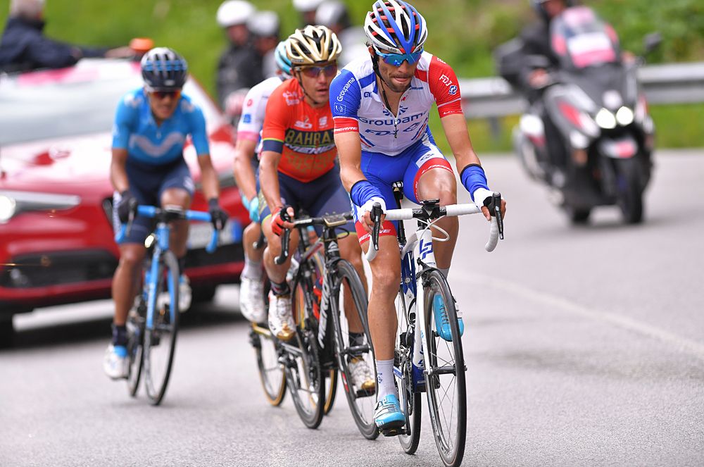 Thibaut Pinot (Groupama-FDJ) and Domenico Pozzovivo (Bahrain-Merida) chase Simon Yates at the end of stage 15 at the Giro d'Italia
