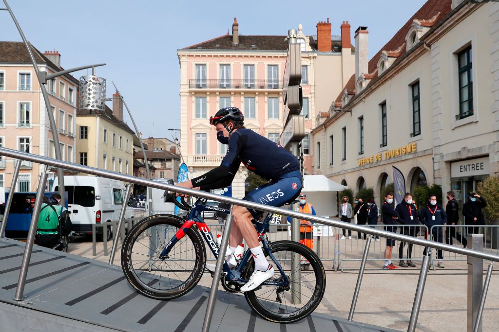 CHIROUBLES FRANCE MARCH 10 Start Podium Tao Geoghegan Hart of United Kingdom and Team INEOS Grenadiers during the 79th Paris Nice 2021 Stage 4 a 1875km stage from ChalonSurSane to Chiroubles 702m Mask Covid safety measures Team Presentation ParisNice on March 10 2021 in Chiroubles France Photo by Bas CzerwinskiGetty Images