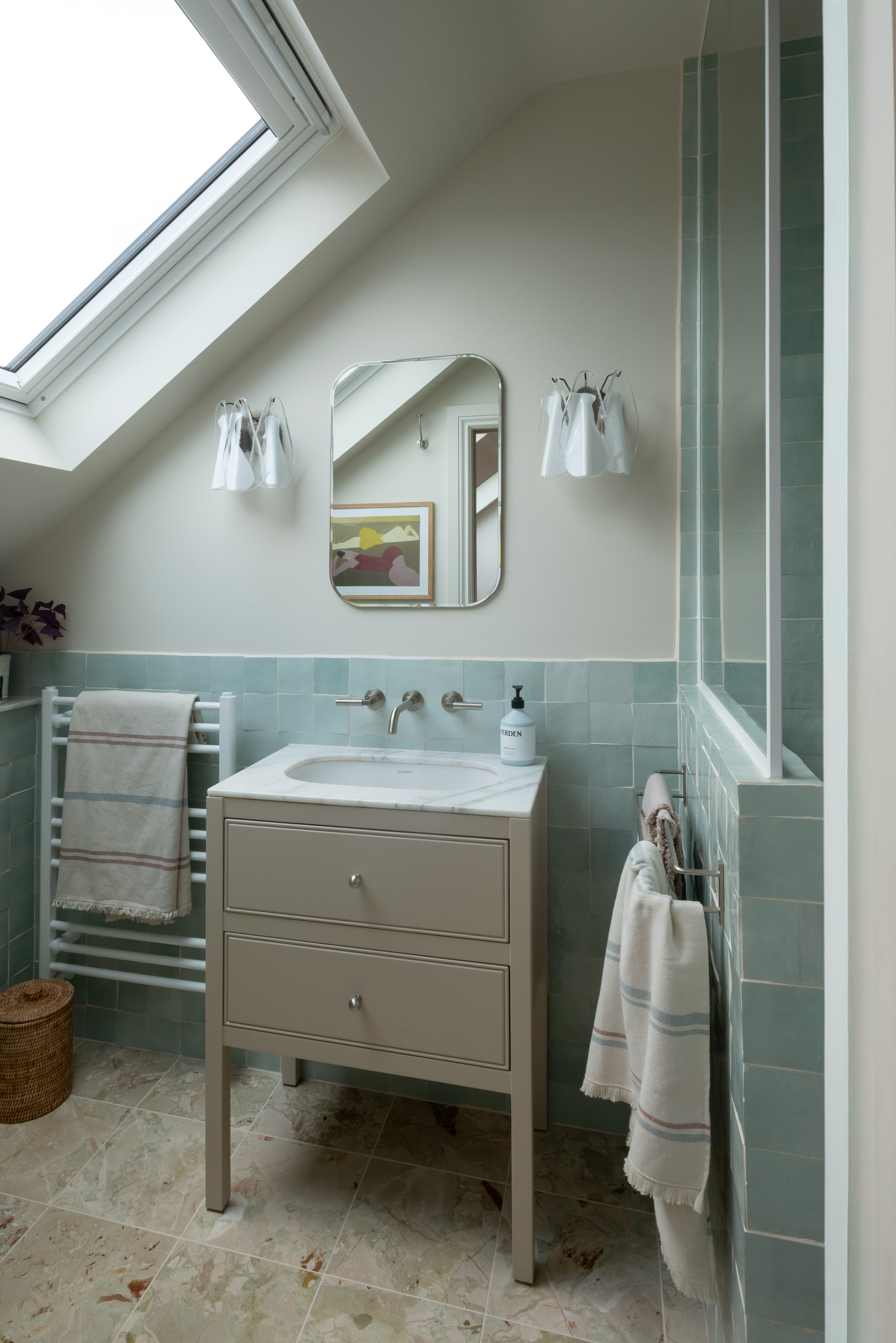 small ensuite bathroom with blue zellige tiles