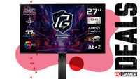 An ASRock Phantom Gaming monitor on a red background with the word deals to the right and the PC Gamer logo.