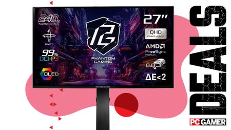 An ASRock Phantom Gaming monitor on a red background with the word deals to the right and the PC Gamer logo.