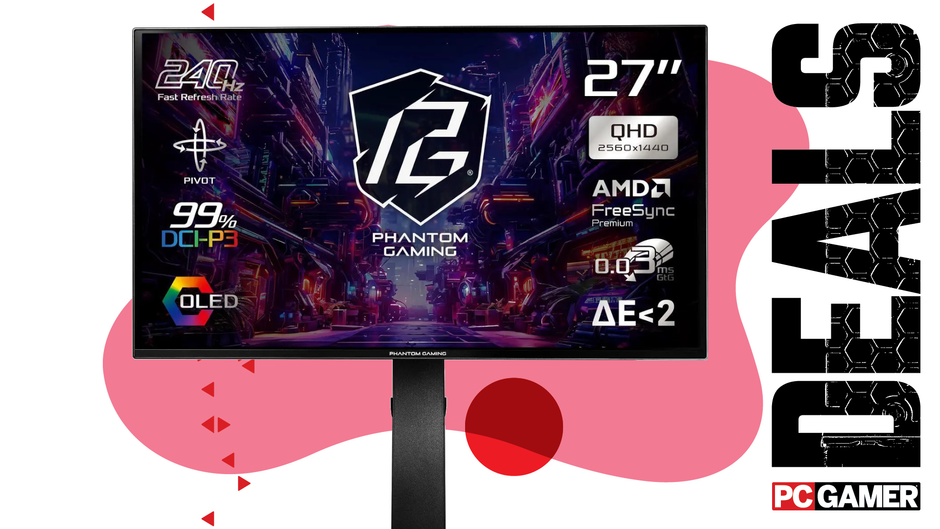 An ASRock Phantom Gaming monitor on a red background with the word deals to the right and the PC Gamer logo.