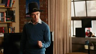 Max Greenfield with a pilgrim hat on in New Girl.