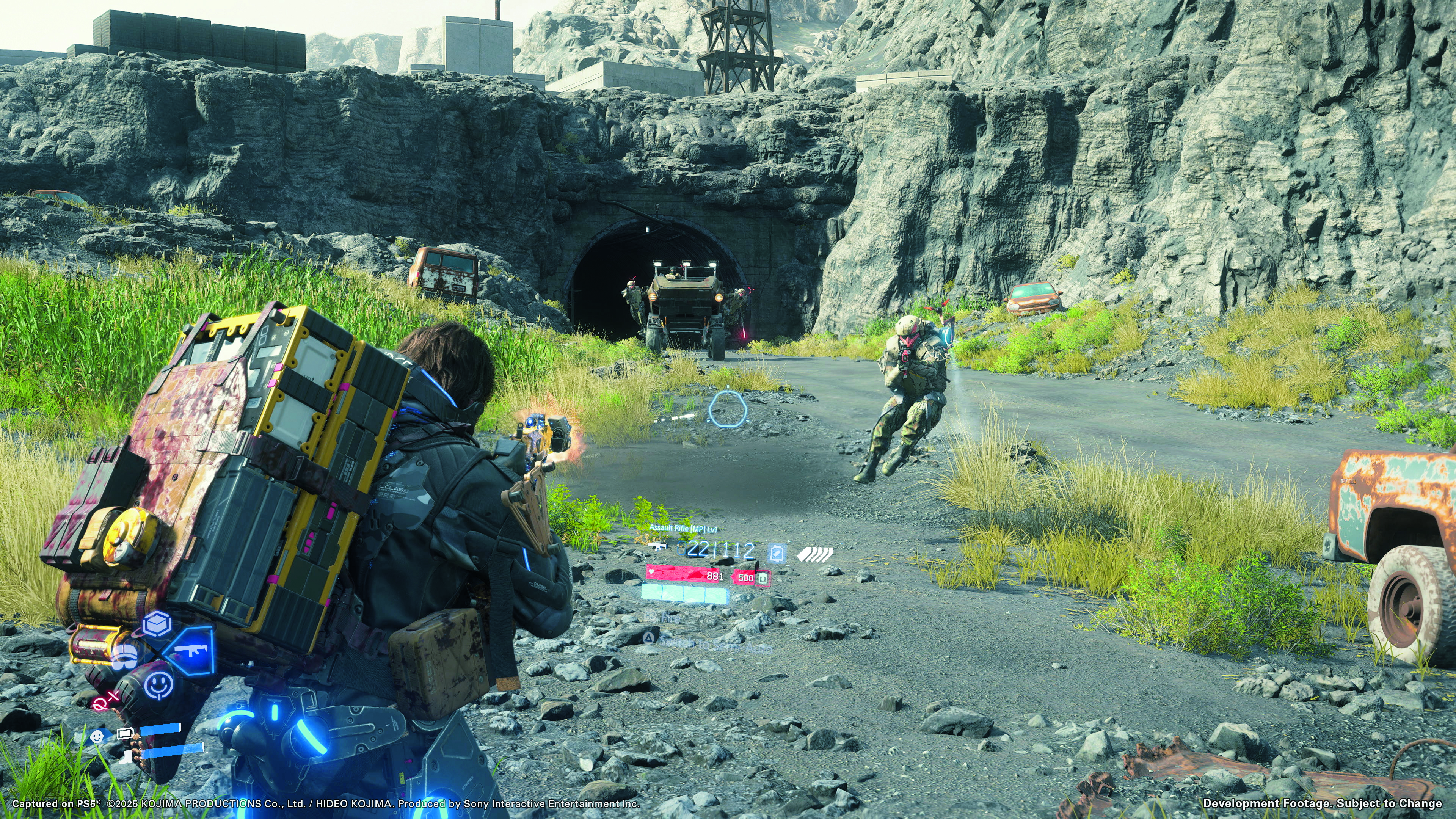 Sam Bridges prepares to blast enemies in Death Stranding 2: On the Beach, from the Edge Magazine cover feature