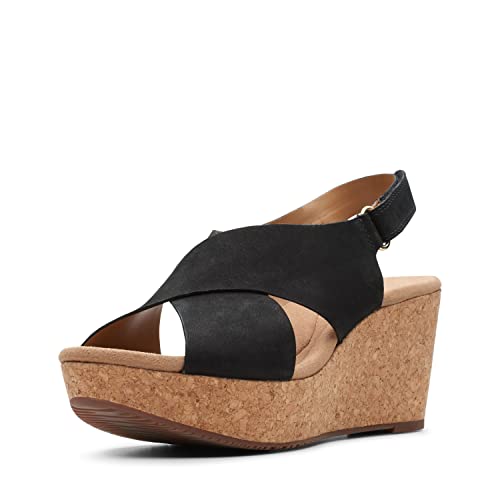 Clarks Women's Annadel Eirwyn Wedge Sandal, Black Nubuck, 5