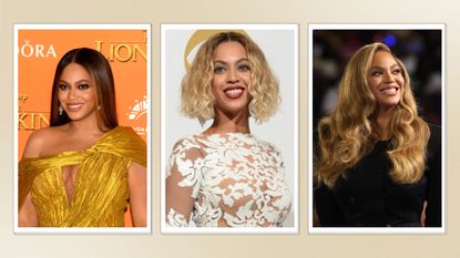 three images of Beyoncé on the red carpet