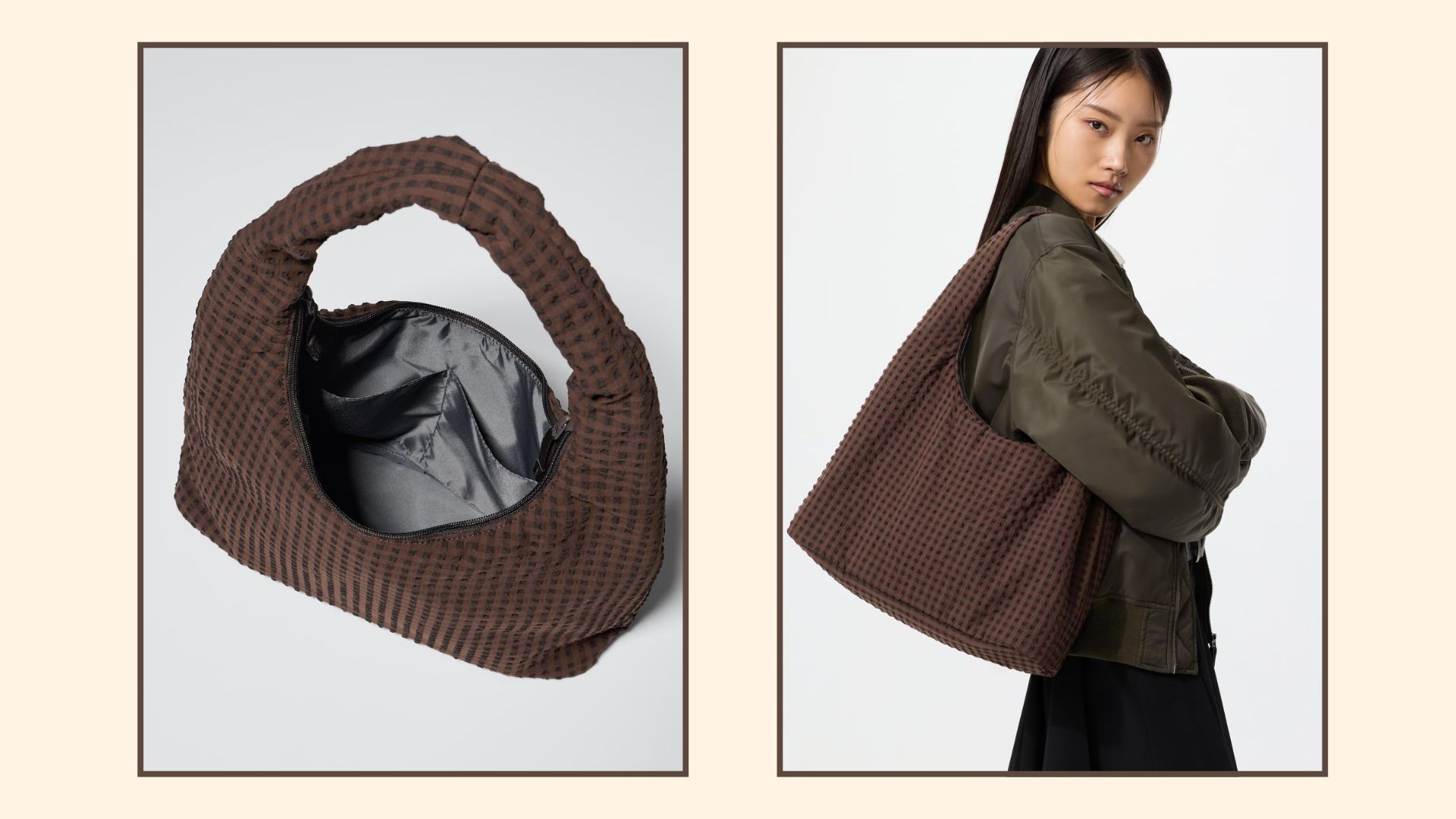 a still life and model shot of the uniqlo shoulder bag