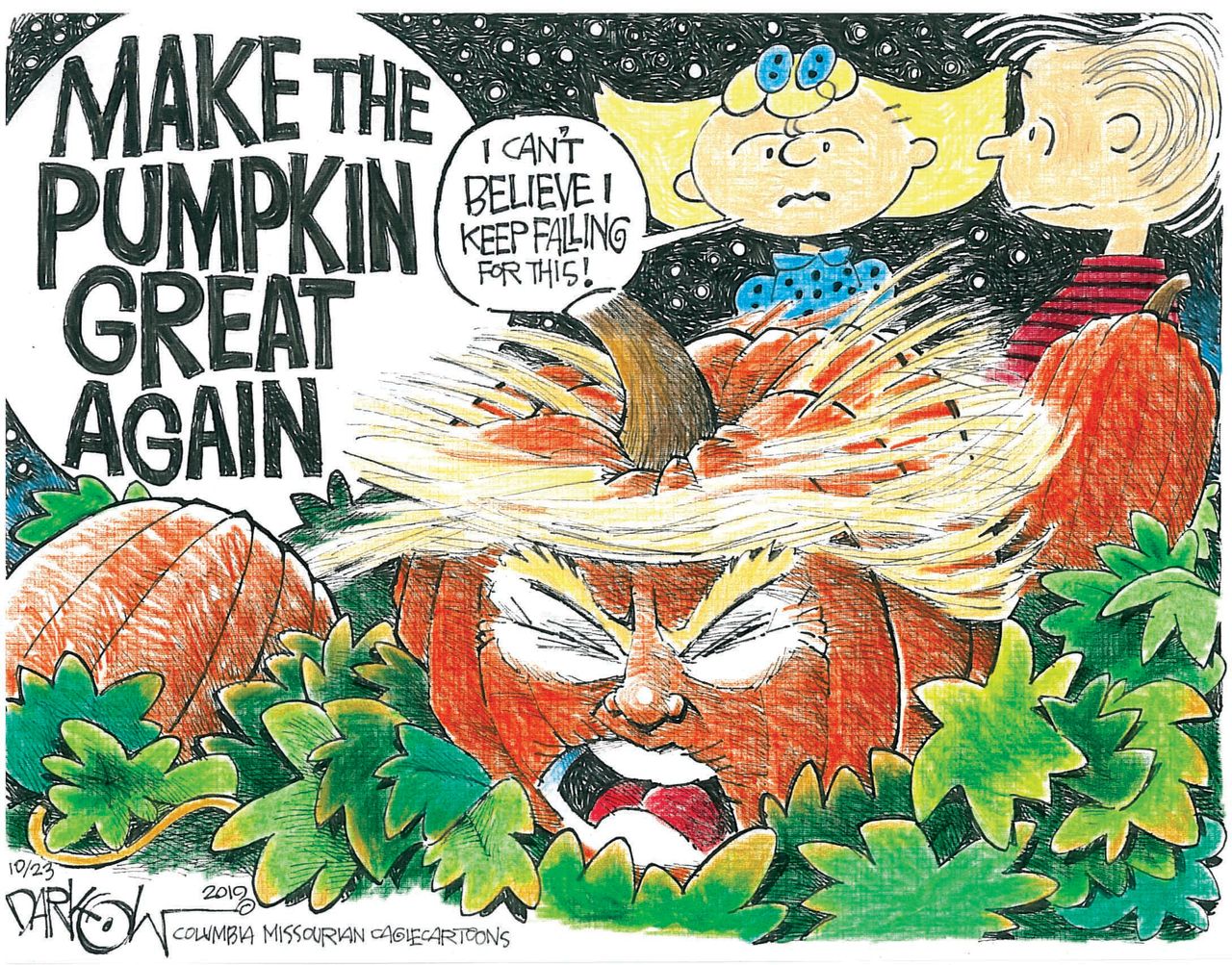 Political Cartoon U.S. Trump Pumpkin Halloween Peanuts