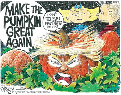 Political Cartoon U.S. Trump Pumpkin Halloween Peanuts