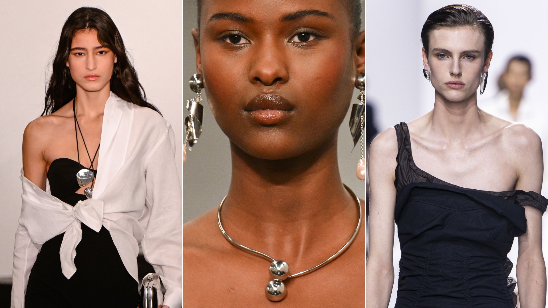 Three models wear different types of silver jewellery down the spring/summer 2026 catwalk