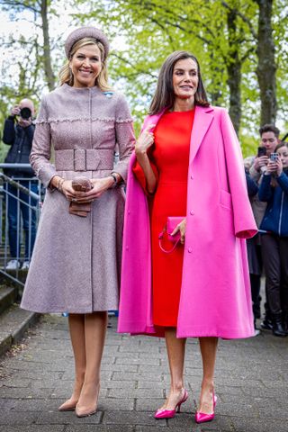 Queen Maxima of The Netherlands and Queen Letizia of Spain visit Lab6 that supports mental health for young people on April 18, 2024 in Amsterdam, Netherlands. (Photo by Patrick van Katwijk/Getty Images)