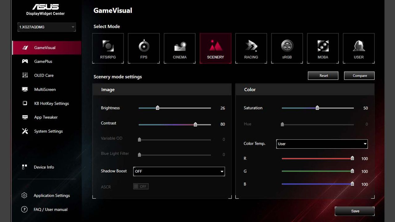 DisplayWidget Center GameVisual menu.