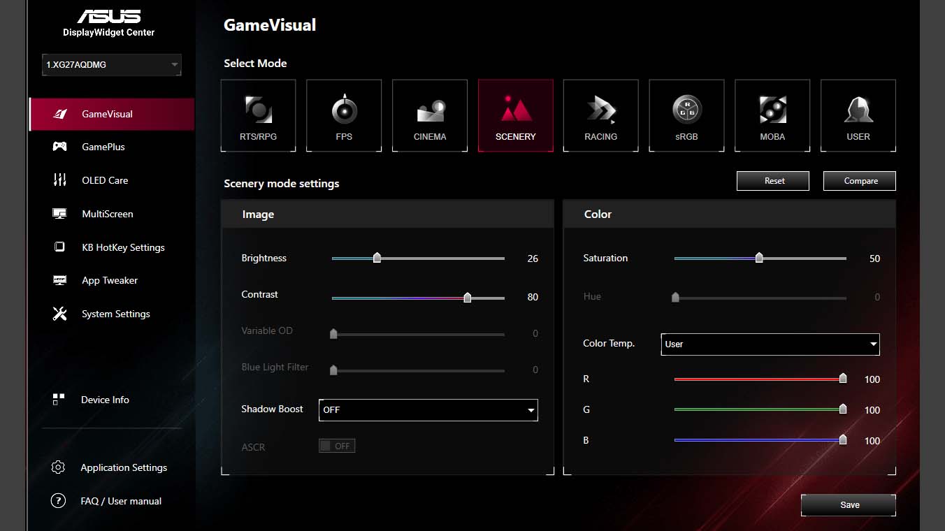 DisplayWidget Center GameVisual menu.