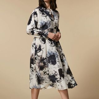 silk floral printed dress in grey and white