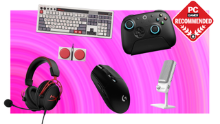 An 8BitDo controller and gaming keyboard, Logitech gaming mouse, HyperX gaming headset, and NZXT microphone on a pink background