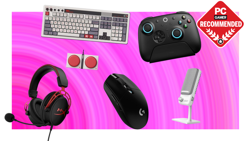 An 8BitDo controller and gaming keyboard, Logitech gaming mouse, HyperX gaming headset, and NZXT microphone on a pink background