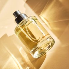 A perfume bottle with light reflecting through it against a cream background and surrounded by shadows
