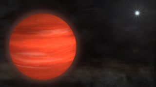 Huge, red "super-Jupiter" exoplanet orbits its star.