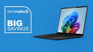 Microsoft Surface Laptop 7 against a blue TechRadar deals background