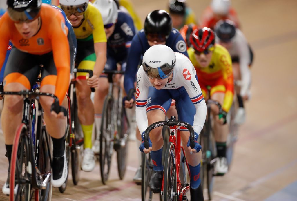 Great Britains Laura Kenny R and Netherlands Kirsten Wild L compete during the womens 10 km scratch race final at the UCI track cycling World Championship in Berlin on February 26 2020 Photo by Odd ANDERSEN AFP Photo by ODD ANDERSENAFP via Getty Images