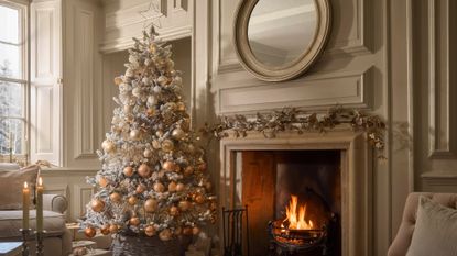 A creamy white living room with a tall flocked Christmas tree in minimalist white and peach baubles by a fireplace with a round mirror above