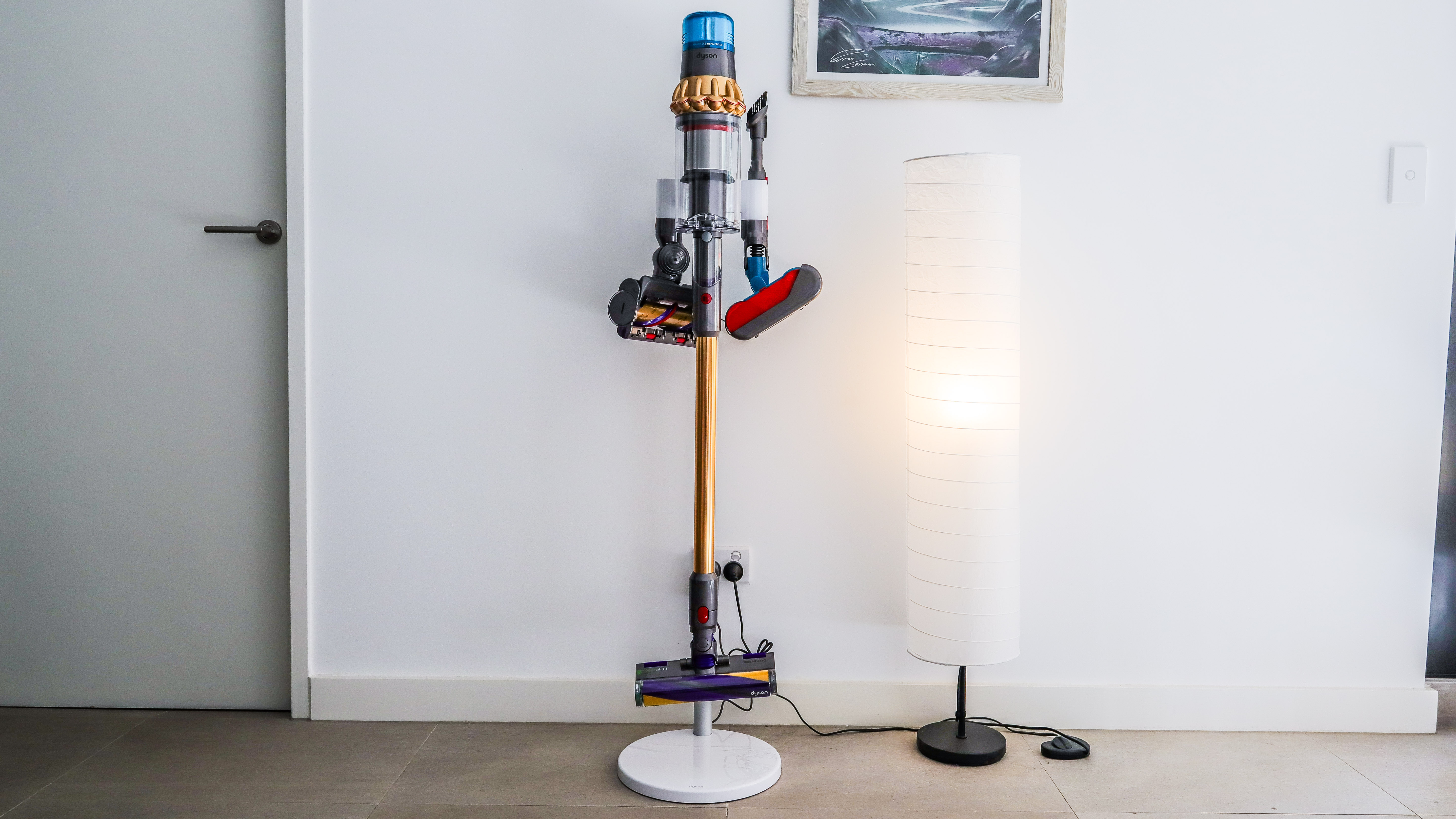 Dyson V15s Detect Submarine Complete tools and attachments hanging from the Free Dok Multi